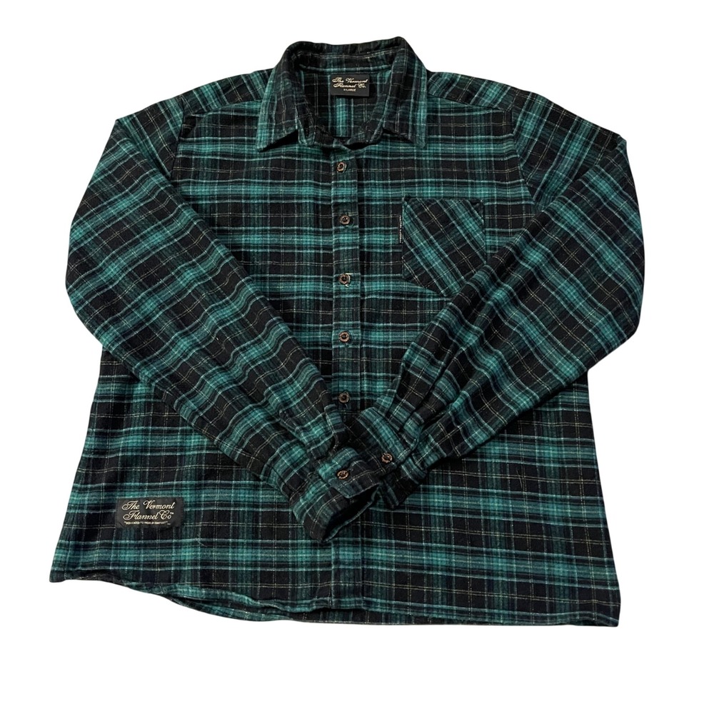 Vermont Flannel Co Mens XL Teal Black Plaid Button Down Shirt Made in USA Cotton